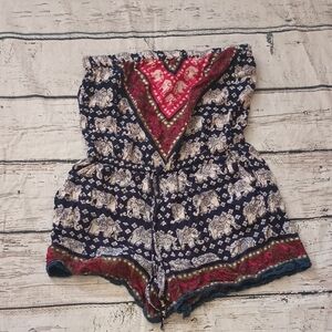 Angie Blue Red Elephant Print Strapless Boho Rayon Romper L